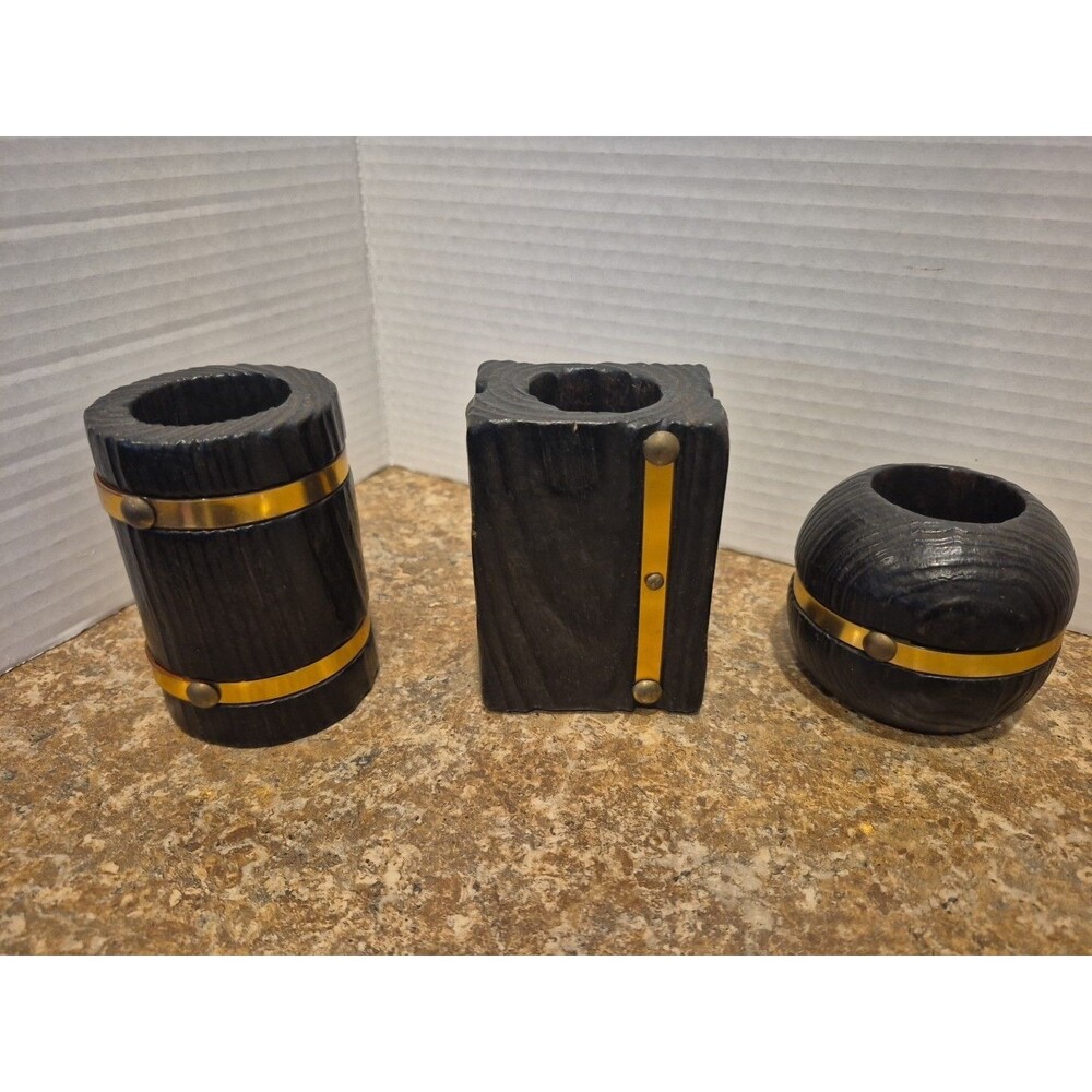 Vintage Wooden Candle Holders With Gold Metal And Rivets Handcrafted In Spain